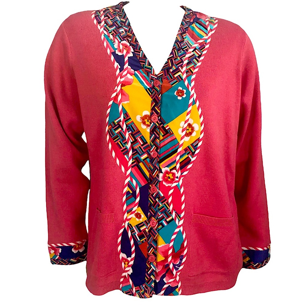 VINTAGE 80s 90s Red Ramie Cotton Knit Postmodern Print Silk Trim Koos of Course